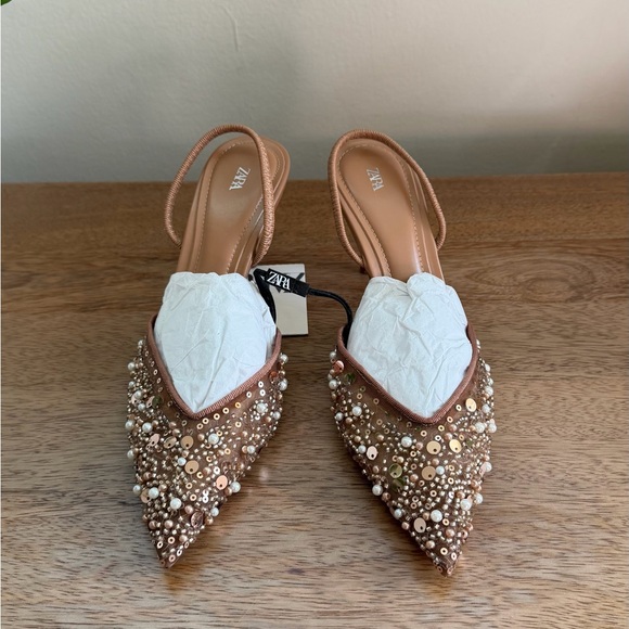 Zara Women's Beaded Nude Slingback Heels - Picture 7 of 9